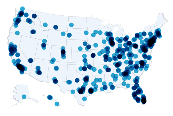 A map of the US with blue circles indicating CheckedUp member locations